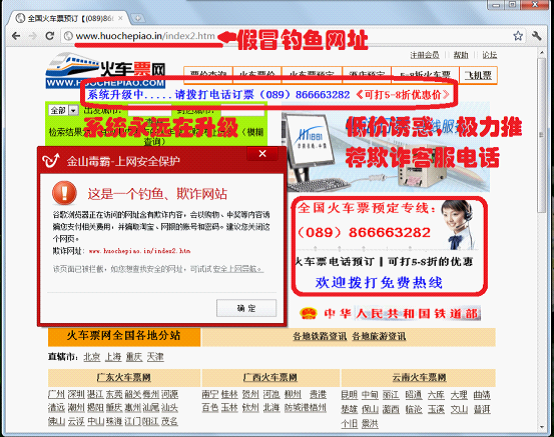 火車票假冒釣魚網(wǎng)站開始出現(xiàn)，在該網(wǎng)站上輸入查詢大多查不到具體信息，顯示&ldquo;系統(tǒng)升級(jí)&rdquo;，最終通過(guò)客服電話實(shí)施詐騙。